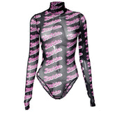 Hochgeschlossener, langärmliger Bodysuit aus transparentem Netzstoff mit Barbie-Print